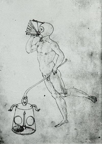 I en volym av Francesco di Giorgio förekommer denna teckning som föreställer en bälg för att andas under vattnet av Unknown artist