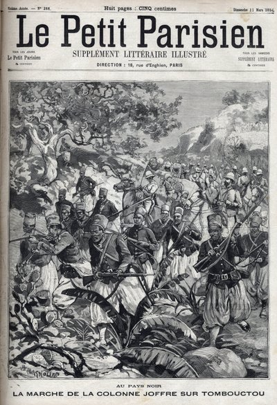 I de franska kolonierna: marschen av general Joseph Joffres kolumn (1852-1931) och hans armé av spahis mot Timbuktu (Mali). Gravyr i "" Le Parisien"" av Unknown artist