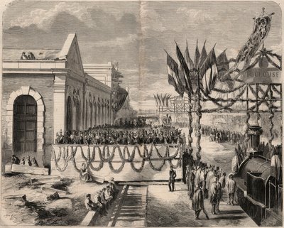 Invigning av järnvägen från Toulouse till Sete 1857. Gravyr i "Le Monde illustrious"" från 1857. Privat samling. av Unknown artist