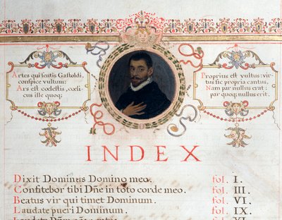 Indexsida med porträtt av Giovanni Giacomo Gastoldi av Unknown artist