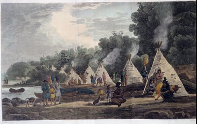 indiskt läger; i "Resor genom Kanada", av George Heriot, red. London av Unknown artist