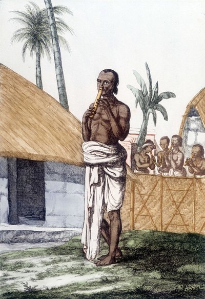 Indisk kultur och civilisation: musiker som spelar bansuri-flöjt, traditionellt musikinstrument, Indien. Gravyr 1808. av Unknown artist