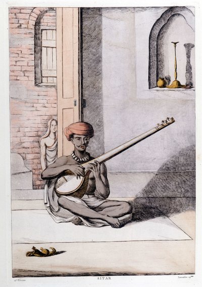 Indisk kultur och civilisation: musiker som spelar sitar, traditionellt musikinstrument, Indien. Gravyr 1808. av Unknown artist