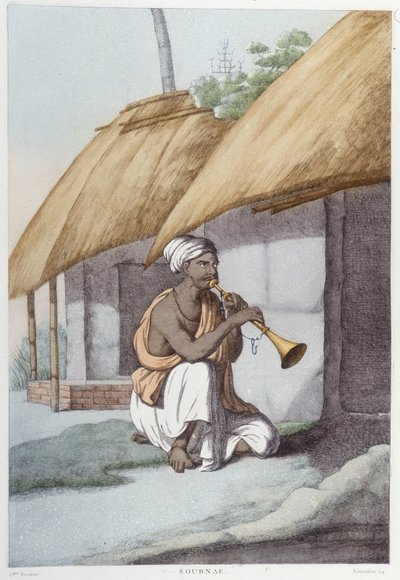 Indisk kultur, civilisation och samhälle: musiker med traditionell indisk flöjt. Gravyr från 1808. av Unknown artist