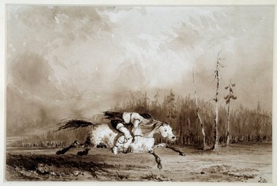 Indian of America: "" En häst i galopp som bär en man bunden"" Anonym teckning. 1800-talets La Rochelle, Musee du Nouveau Monde av Unknown artist