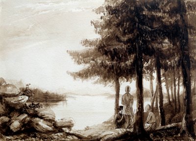 Indianer vid stranden av en sjö. 1800-tals litografi. La Rochelle, Musee Du Nouveau Monde av Unknown artist