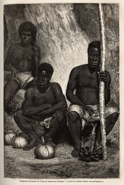 Indigenes frukthandlare, på marknaden i Noumea (Nya Kaledonien). Gravyr för att illustrera resan till Nya Kaledonien från 1863 till 1866, av Jules Garnier, civilingenjör för gruvor, i "Le tour du monde, nouveau journal des voyages" publicerad under den för av Unknown artist