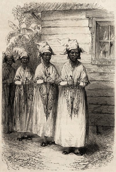 Ursprungskvinnor i Guyana, vid den katolska processionen av Fete Dieu. Gravyr för att illustrera resan i Franska Guyana 1862-1863, av Frederic Bouyer, kapten på fregatt, i "" Le tour du monde, nouveau journal des voyages", publicerad under dir. av Unknown artist