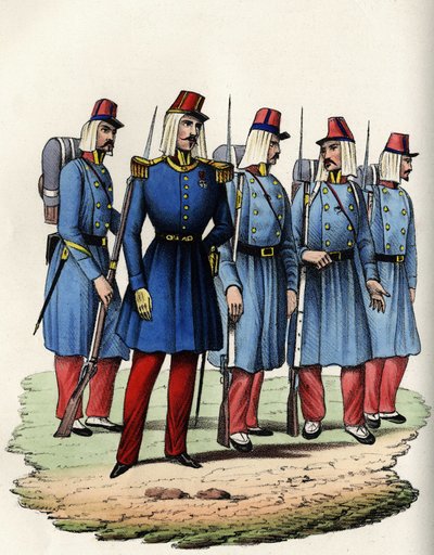 Infanteri av den franska armén i Afrika; officer, underofficer och soldater i Algeriet 1830. I ”” Storia d