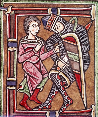 Inledande bokstav E med David och Uria, make till Batseba (miniatyr av Unknown artist