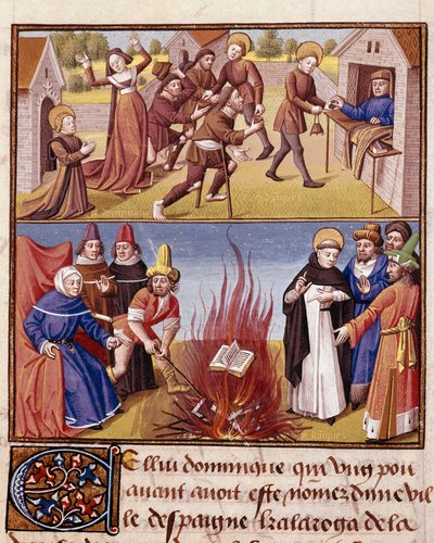 Inkvisitionen "" Autodafe presiderar av Saint Dominique de Guzman (1170-1221), grundaren av Dominikanerorden, bevis för elden från den kätterska boken och den ortodoxa boken"" Miniatyr i "" Le miroir historial"" (Speculum Historiale) ( ms. 1196, fol. 372)  av Unknown artist
