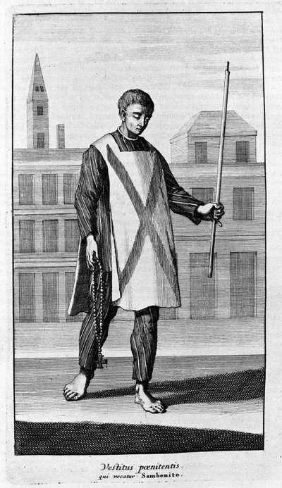 Inkvisition. Kläder från San Benito för processionen av Autodafé. Gravyr från "Inkvisitionens historia", Amsterdam 1692. av Unknown artist