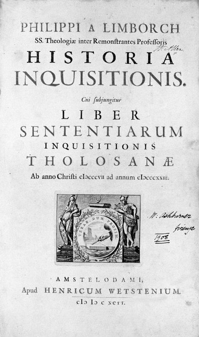 Inkvisition. Frontispice av "History of the Inquisition", Amsterdam 1692. av Unknown artist