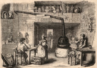 Inne i kabarén le Lapin Blanc (Kanin-Blanc), rue aux feves i Paris innan dess rivning. En krog med anor från monarkins första tid. Gravyr I "" Le Monde illustrious"" från 1862. Privat samling. av Unknown artist