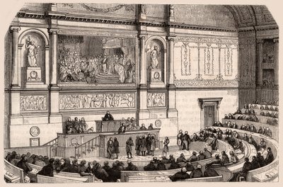 Inifrån av nationalförsamlingen vid en session i deputeradekammaren, Paris, Frankrike av Unknown