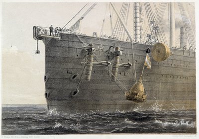 Installation av undervattenskabel 1858 (landmärkesboj) - i W. H. Russels "The Atlantic telegraph", cirka 1860 av Unknown artist