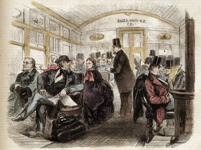 Interiör av en vagn på Baltimore & Ohio Railroad, USA - 1861 - interiör av en amerikansk vagn 1860 av Unknown artist