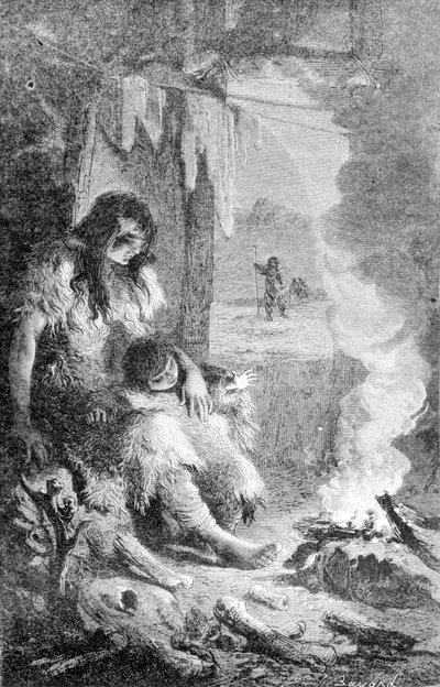 Interiör av en förhistorisk stuga. 1800-talsgravyr. av Unknown artist