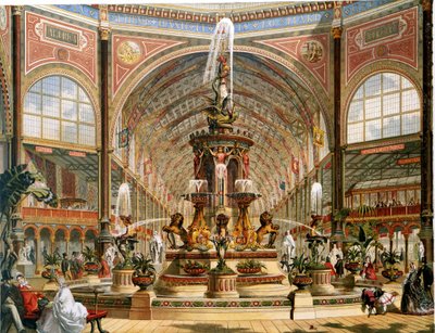 Interiör av Crystal Palace under den internationella utställningen 1862. Majolicafontän av Minton. Kromolitografi. av Unknown artist