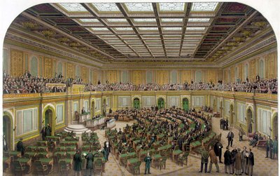 Interiörvy av representanthuset i US Capitol som visar kongressen i session och åskådarna i galleriet - Gravyr 1866. av Unknown artist