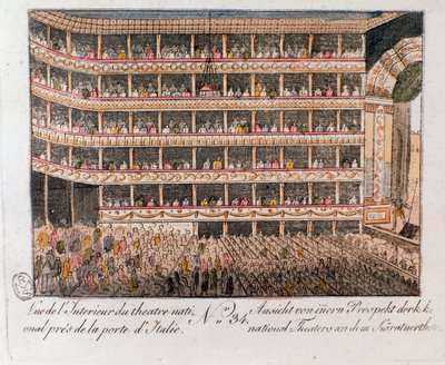 Interiörvy av nationalteatern nära den italienska porten i Wien, Österrike. (Interiörvy av Nationalteatern, Wien, Österrike) gravyren från 1815 års privatsamling av Unknown artist