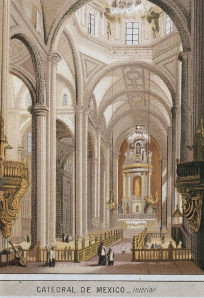 Interiörvy av katedralen i Guadalajara i Mexico City, Mexiko. Kromolitografi omkring 1880 av Unknown artist