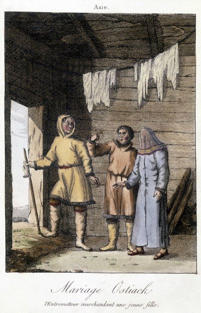 Förmedlare som prutar en ung flicka för ett bröllop Ostiak (Khanty eller Khante) (paleosibirisk jägarestam etablerad i skogsområdet i den mellersta Ob-dalen). av Unknown artist
