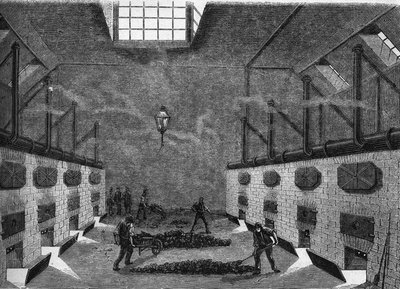 Invändig vy av en gasfabrik. Gravyr från 1860-1861. av Unknown artist
