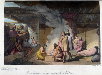 Invändig vy av ett hus i Nutka, Ryssland. I "" Den gamla och moderna kostymen"" 1819-1820, av Ferrario. av Unknown artist