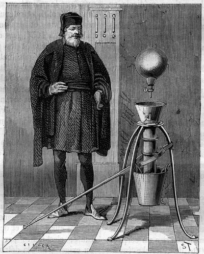 Uppfinning: Pneumatisk maskin av Otto de Guericke (Otto de Guericke) (1602-1686), tysk uppfinnare. Gravyr i "La Nature" av Unknown artist