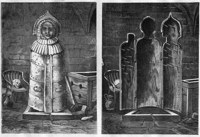 Iron maiden (tortyranordning) - Jungfru eller jungfru från Nürnberg tortyrinstrument i form av en järn- eller träsarkofag (vergine di Norimberga - eiserne Jungfrau) - gravyr från 1881 av Unknown artist