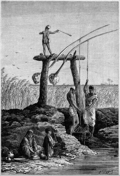 Bevattning i Egypten: chadoufs (eller shadoufs) på Nilens stränder. Gravyr i "" Le Monde Illustré"" nr 1313 av 27 maj 1882. av Unknown artist
