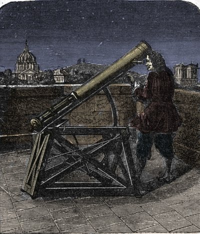 Isaac Newton (1642-1727) engelsk fysiker som använder sitt teleskop. av Unknown artist