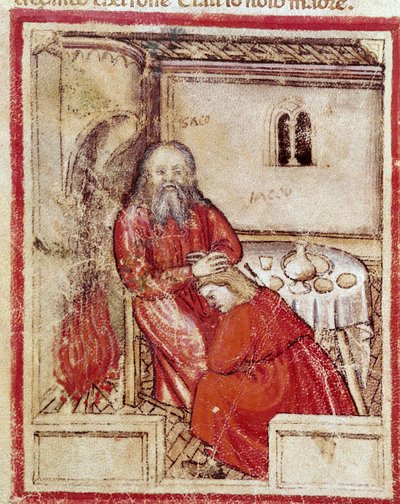 Isak efter att ha ätit ungen som hans son Jakob Beniten tog med sig i tron att det är Esau Miniature från codex 212 (eller padovano codice eller Bible of Padua) 1390-1400 Rovigo, Accademia dei Concordi av Unknown artist