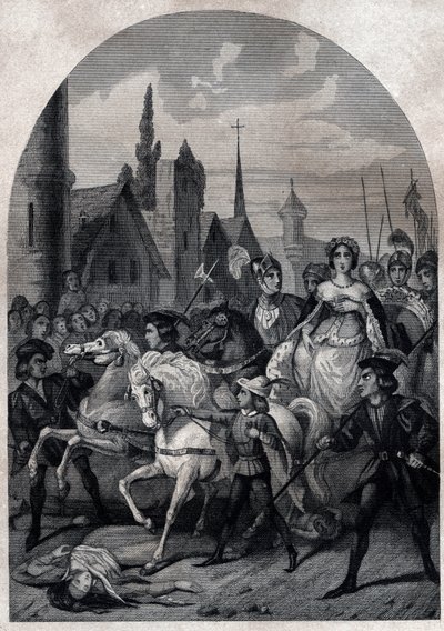 Isabella av Bayern (1371-1435) på väg in i Paris 1389 - Entree de la Reine de France Isabeau (Isabelle, Elisabeth) de Baviere (1371-1435) a Paris - Gravyr från 1842 i "Histoire des popes: brott, mord, förgiftningar, parmord, äktenskapsbrott, incest...” av av Unknown artist