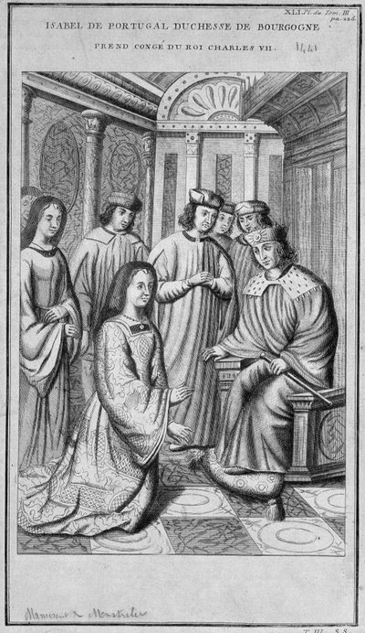 Isabella av Portugal (1397-1472) Hertiginnan av Bourgogne tar konge hård kung Karl VII. av Unknown artist