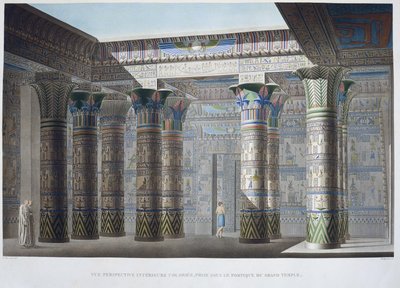 Island of Philae: Färgglad interiörperspektivvy, tagen under portiken till det stora templet - i "Description of Egypt", Imperial Editions av Unknown artist