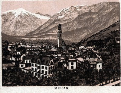 Italienska Tyrolen: utsikt över staden Meran (Merano). i "" Världen illustrerar 168 vyer"" Odaterat (slutet av 1800-talet) av Unknown artist