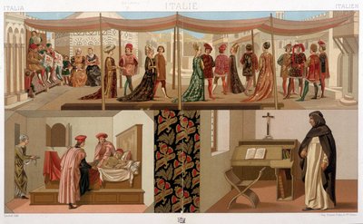 Italienska dräkter från 1400-talet. I "" Den historiska kostymen"" av A. Racinet av Unknown artist