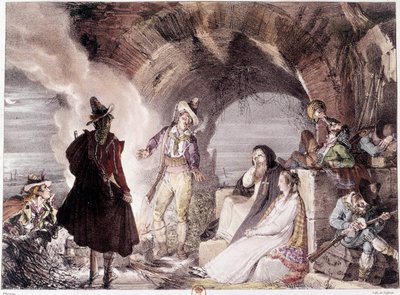 italienska rånare. Banditerna, vissa dricker andra sömn. Gravyr av 1800-talet. Paris, B.N. av Unknown artist
