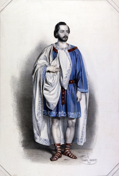Italienska tenoren Gaetano Fraschini (1816 - 1887) som Foresto i Giuseppe Verdis "Attila". Färglitografi av Eduard Kayser av Unknown artist