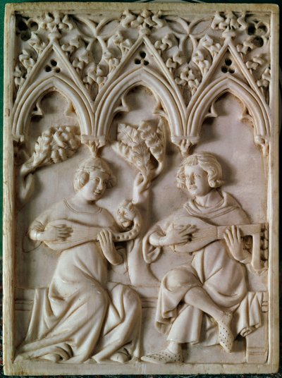 Elfenbenstavla som föreställer två musiker. 1300-talet. Paris, Nationalmuseet för medeltiden, Thermes de Cluny av Unknown artist