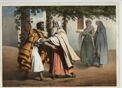 Jakob flydde från sin bror Esaus hämnd och hälsades av Laban. Anonym gravyr från 1800-talet. av Unknown artist