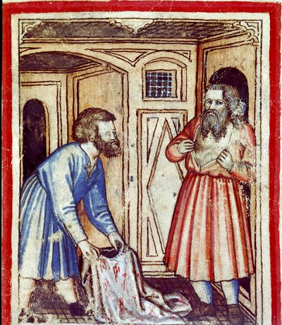 Jakob får reda på sin son Josefs död, såld av sina bröder till egyptierna Miniature från codex 212 (eller padovano codice eller Bible of Padua) 1390-1400 Rovigo, Accademia dei Concordi av Unknown artist