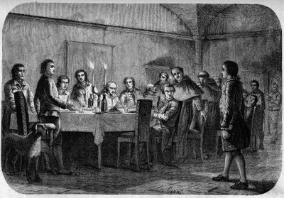 James Boswell (1740-1795) Skotsk författare och advokat, son till Lord Alexander Boswell tog emot under ett möte vid en måltid som gavs av Pascal (Pasquale) Paoli. I "" Pasquale Paoli eller Pontenuovo-rutten "" "av F.D. Guerrazzi. 1872. av Unknown artist