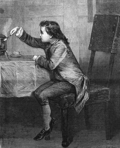 James Watt (1736-1819) barn som upptäcker ånglagarna. Gravyr från 1868 enligt målningen av Marcus Stone. av Unknown artist
