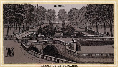 Jardin de la Fontaine i Nimes (Gard, Languedoc-Roussillon). Kromolitografi från slutet av 1800-talet. av Unknown artist