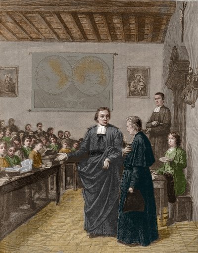 Jean Baptiste De La Salle (Jean-Baptiste) (1651-1719) Fransk religiös, grundare av församlingen för bröderna i de kristna skolorna, visar en av sina skolor för M de La Chetardie. Gravyr från slutet av 1800-talet. av Unknown artist