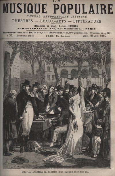 Jean Elleviou, fransk sångare, komiker och librettist (1769-1842) sjöng till förmån för en blind man 1801 på Champs-Elysees - gravering i "La musique populaire"" veckotidning berömd - 1882 av Unknown artist