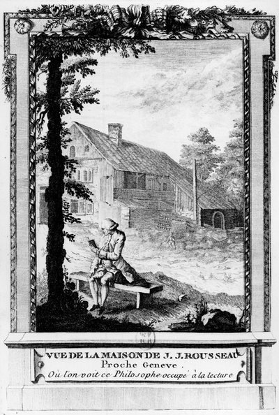 Jean Jacques Rousseau (1712-1778), fransktalande Genève-författare och filosof; sett från hans hus (nära Genève). av Unknown artist